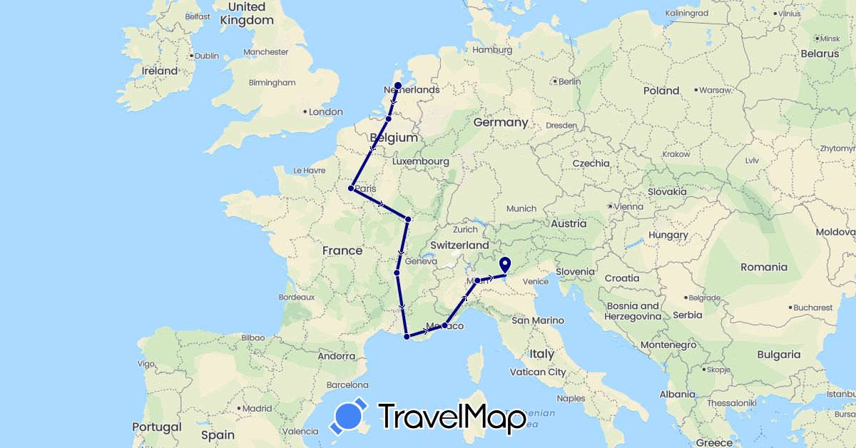 TravelMap itinerary: driving in Belgium, France, Italy, Monaco, Netherlands (Europe)
